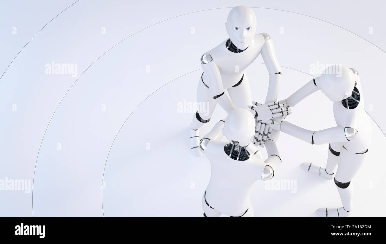 Le rendu de trois robots stacking hands Banque D'Images