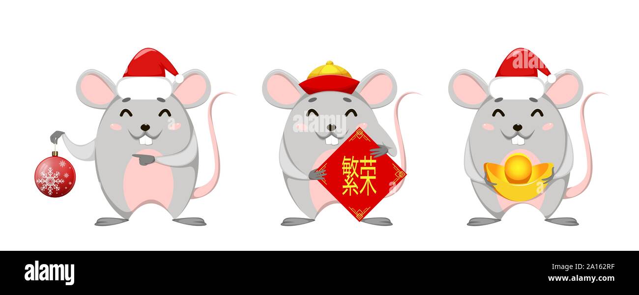 Joyeux Nouvel An chinois. Funny cartoon rat, ensemble de trois poses. Vector illustration sur fond blanc. La prospérité se traduit comme lettrage Illustration de Vecteur
