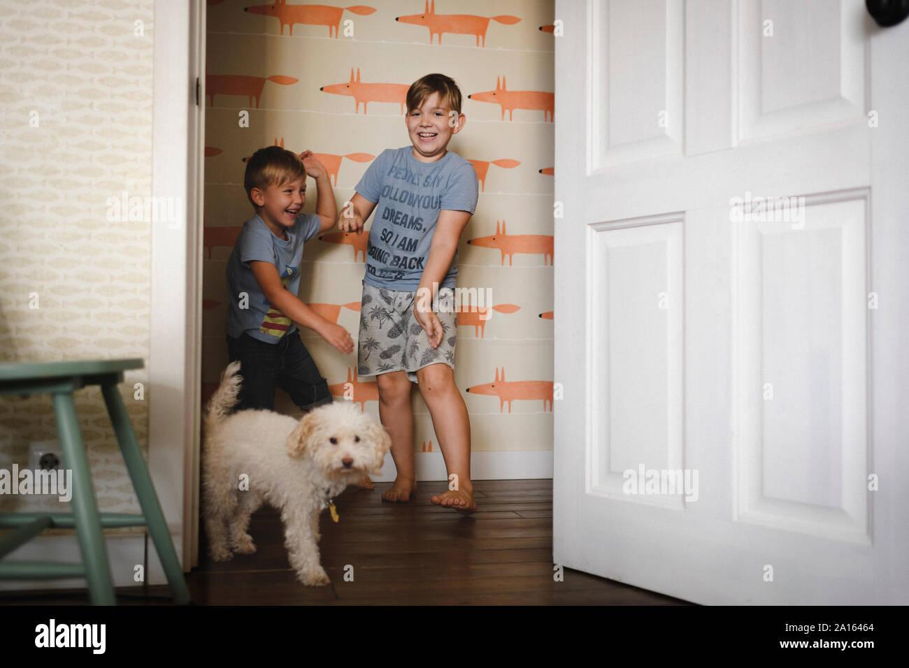 Deux frères heureux de jouer avec leur chien à la maison Banque D'Images