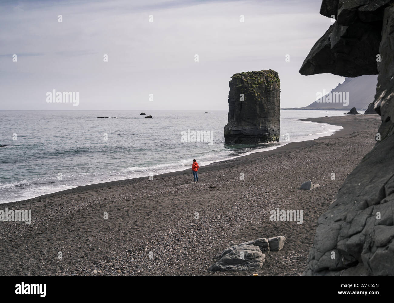 Femme sur une plage dans le sud-est de l'Islande, regardant la mer Banque D'Images