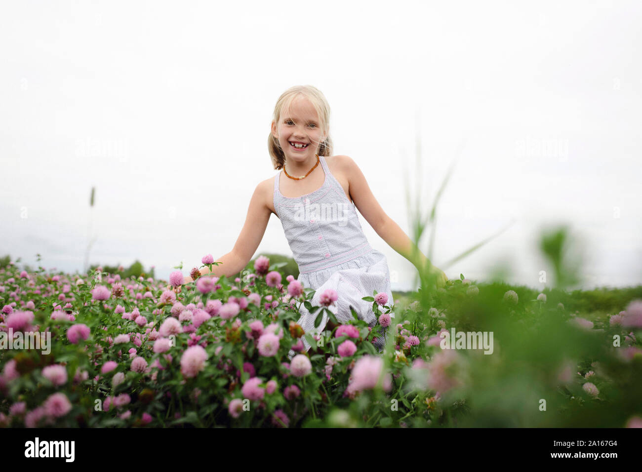 Smiling girl avec bouquets d'exécution sur le champ de trèfle Banque D'Images