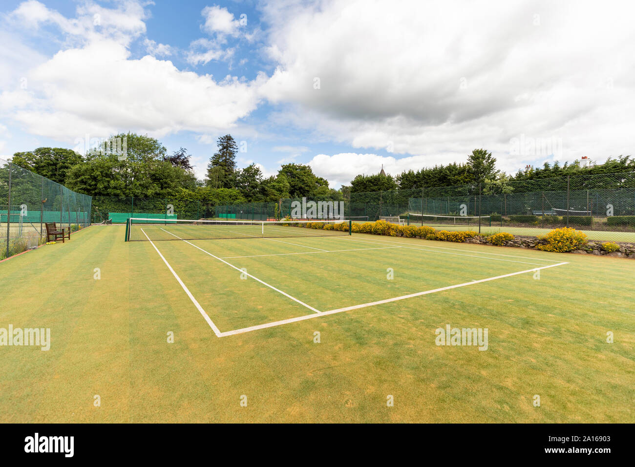 Green tennis avec sports net et seule ligne marquage contre ciel nuageux Banque D'Images
