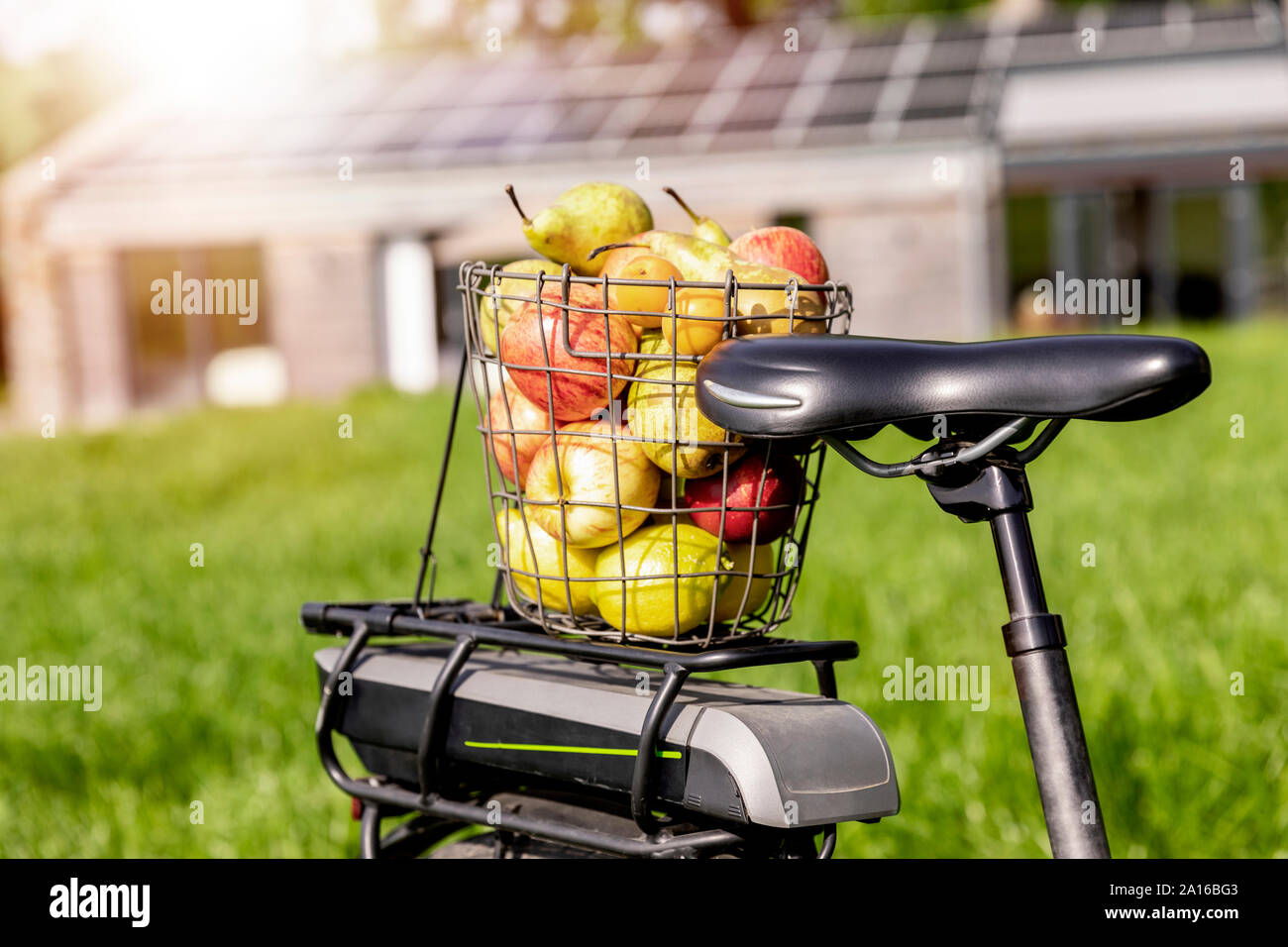Panier avec des pommes sur support à bicyclettes avec maison en arrière-plan Banque D'Images