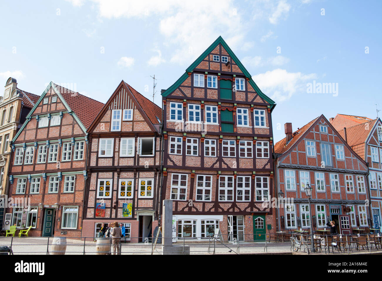 Maisons à pans de bois à l'ancien port hanséatique, Stade, Basse-Saxe, Allemagne, Europe Banque D'Images
