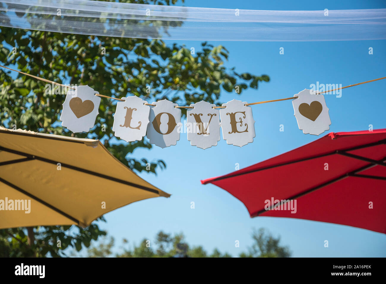 Amour bannière lors d'un mariage en plein air dans le Nord de la Floride. Banque D'Images