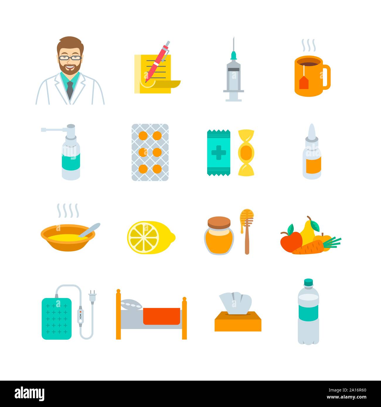 Le traitement du rhume et de la grippe d'icônes. Pour les concepts de vecteur télévision la saison de la grippe. Ordonnance du médecin, vaccin, comprimés, la gorge et les vaporisateurs nasaux, soupe, citron, vegeta Illustration de Vecteur