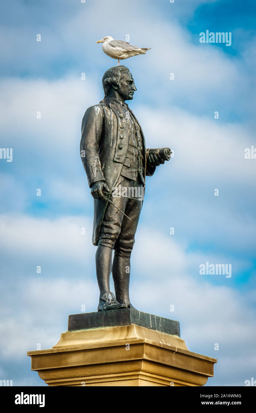 Mémorial du capitaine Cook avec mouette perchée sur sa tête, Whitby, North Yorkshire, Royaume-Uni Banque D'Images