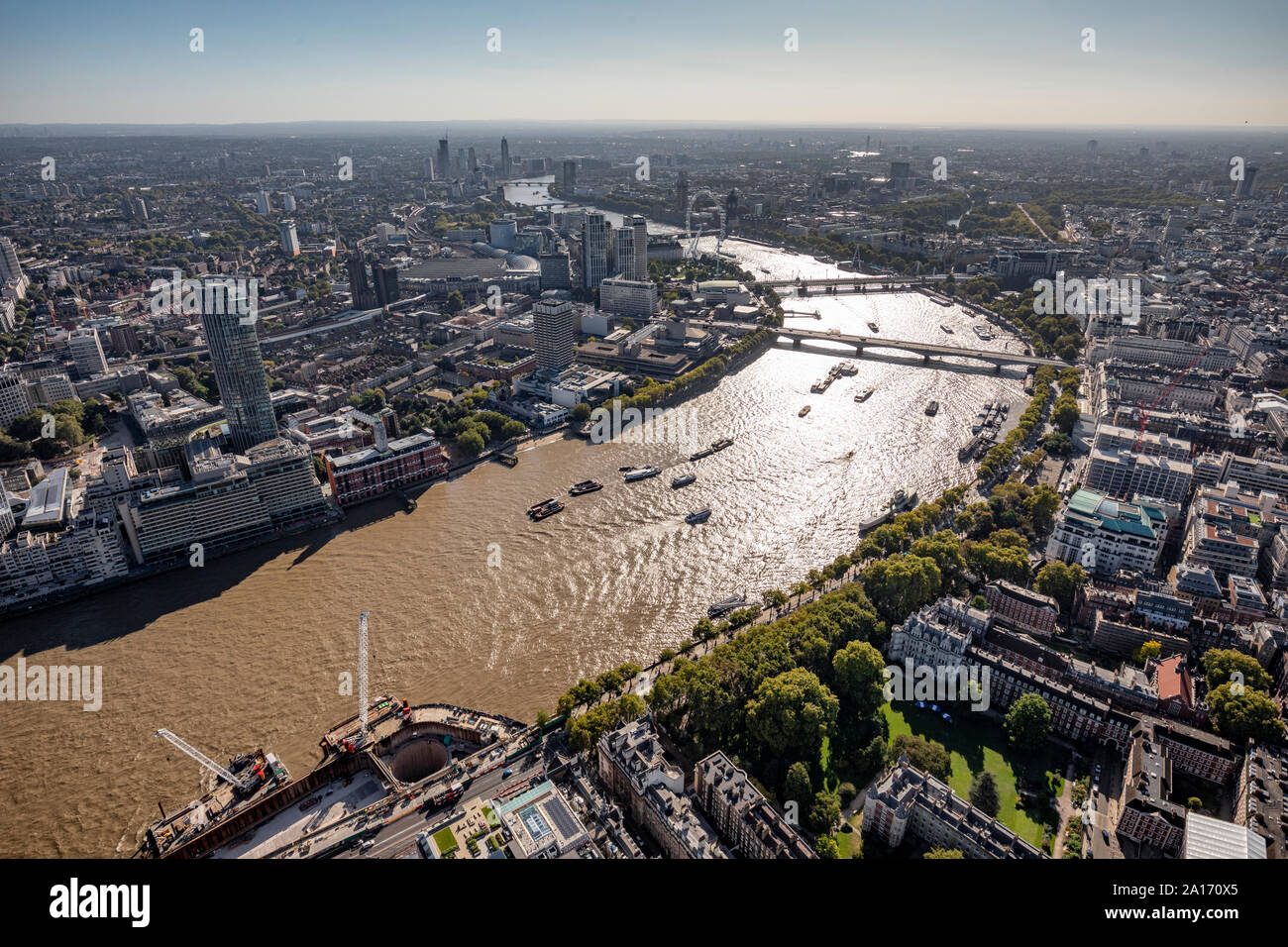Septembre 2019, Vue Panoramique Photographie aérienne de la rivière Thames Londres vers l'Ouest. Banque D'Images