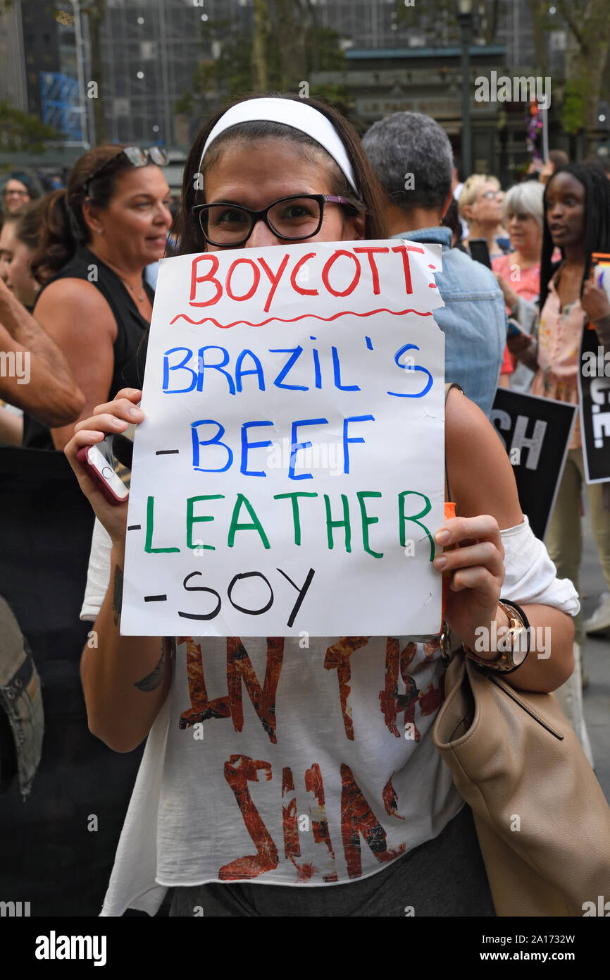 Manifestant Anti Bolsonaro holding a placard pendant la montée et résister à l'indignation - en mars, une résistance le long de la Cinquième Avenue. Banque D'Images