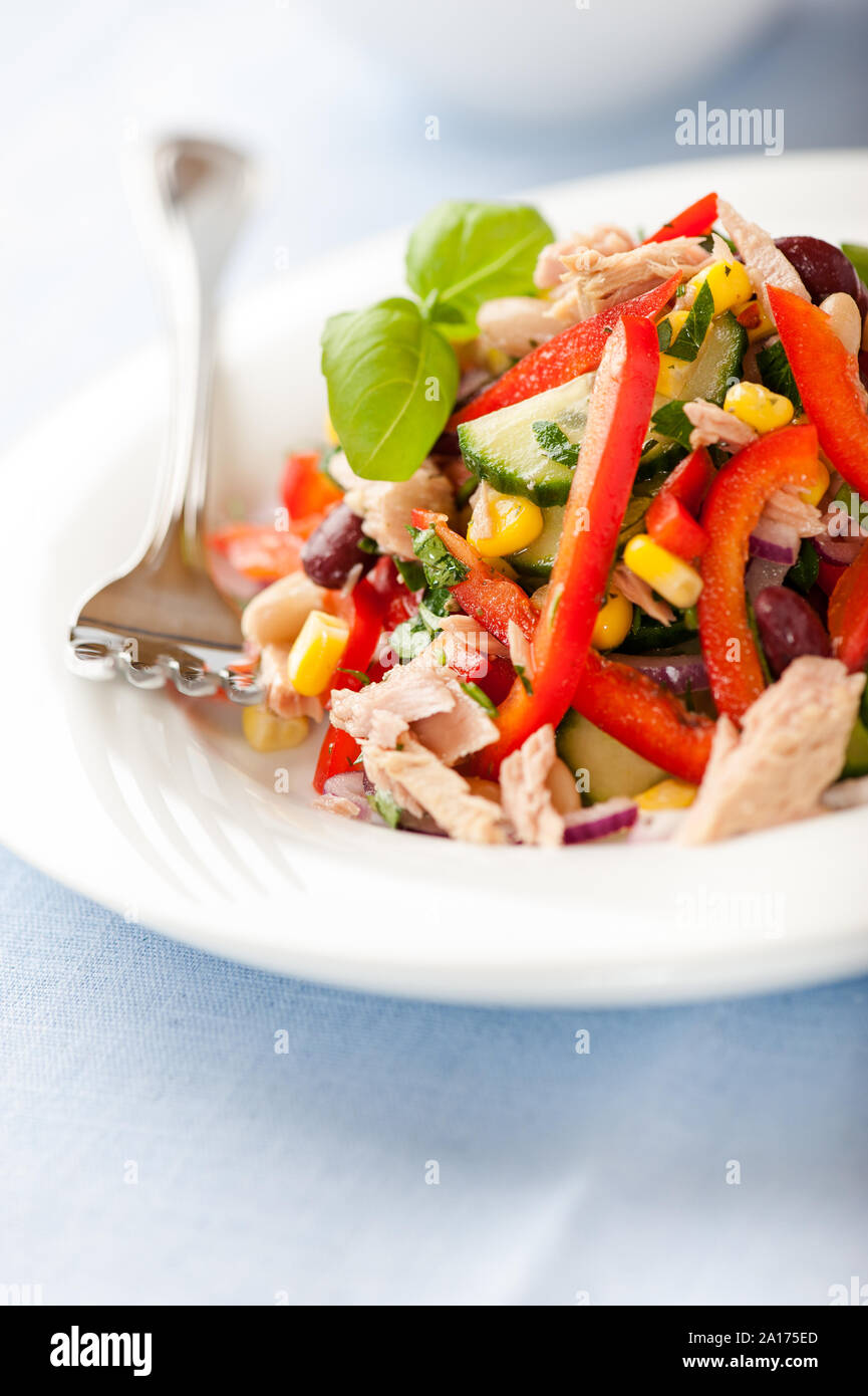 Salade de légumes mélangés avec du thon, haricots blancs et kindey, poivron rouge, concombre, maïs sucré, oignons rouges et du persil frais. Banque D'Images