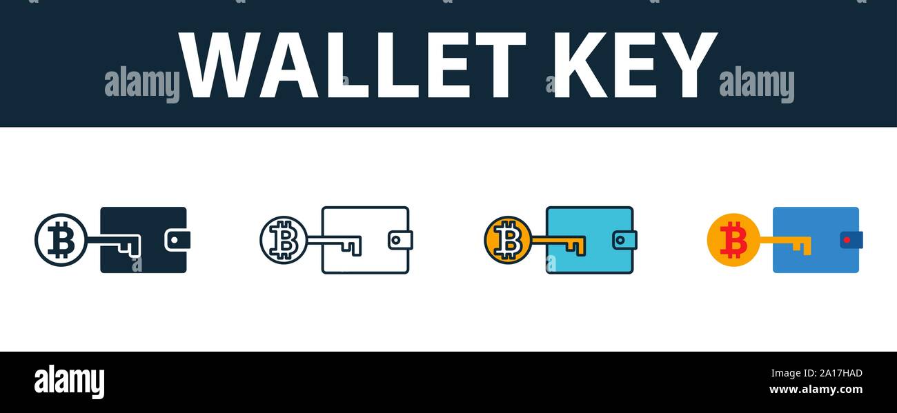 Wallet key icon set. Symbole Premium dans différents styles d'icônes technologie fintech collection. L'icône de clé portefeuille créatif rempli de couleur, Contours, Illustration de Vecteur