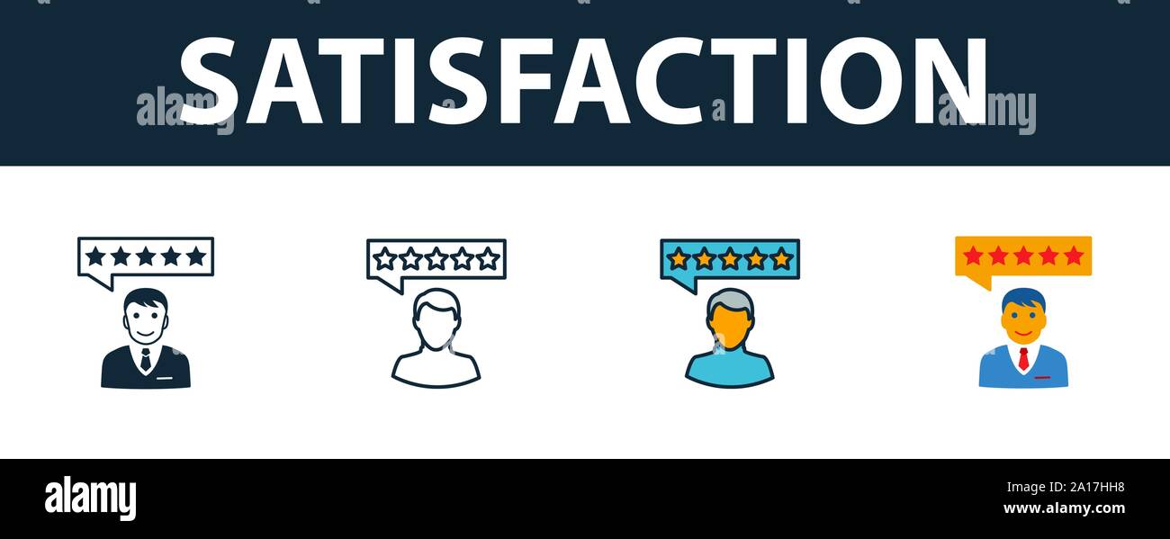 Satisfaction icon set. Symbole Premium dans différents modèles de service à la clientèle collection d'icônes. L'icône de satisfaction créative, remplie de couleur, contours Illustration de Vecteur