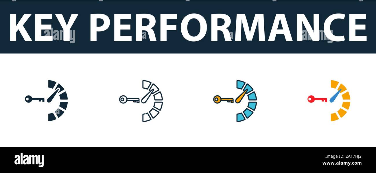 Icon Set clés de rendement. Symbole Premium dans différents modèles de service à la clientèle collection d'icônes. L'icône de clé de performance créative rempli, contours Illustration de Vecteur