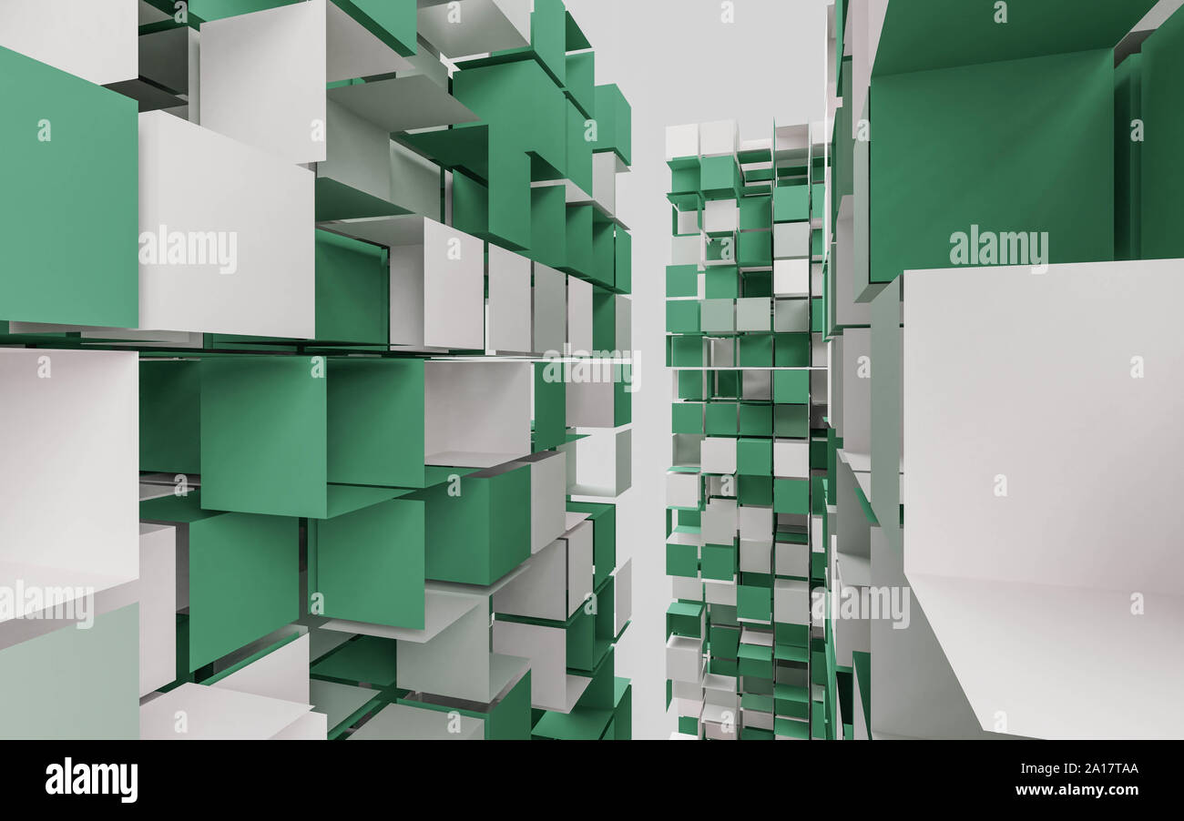 3d abstrait blanc et cubes verts in front of white background Banque D'Images