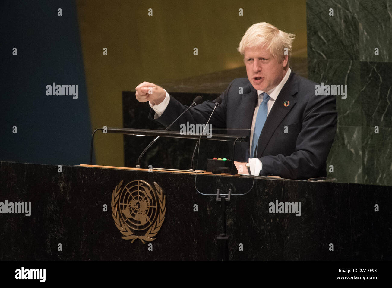 Premier ministre Boris Johnson parle à la 74e session de l'Assemblée générale des Nations Unies, au Siège des Nations Unies à New York, USA. PA Photo. Photo date : mardi 24 septembre 2019. M. Johnson retournera à l'UK mercredi à la suite de la décision de la Cour suprême a jugé que son avis à la Reine de suspendre le Parlement pour cinq semaines était illégale. Voir l'histoire de l'ONU POLITIQUE PA. Crédit photo doit se lire : Stefan Rousseau/PA Wire Banque D'Images