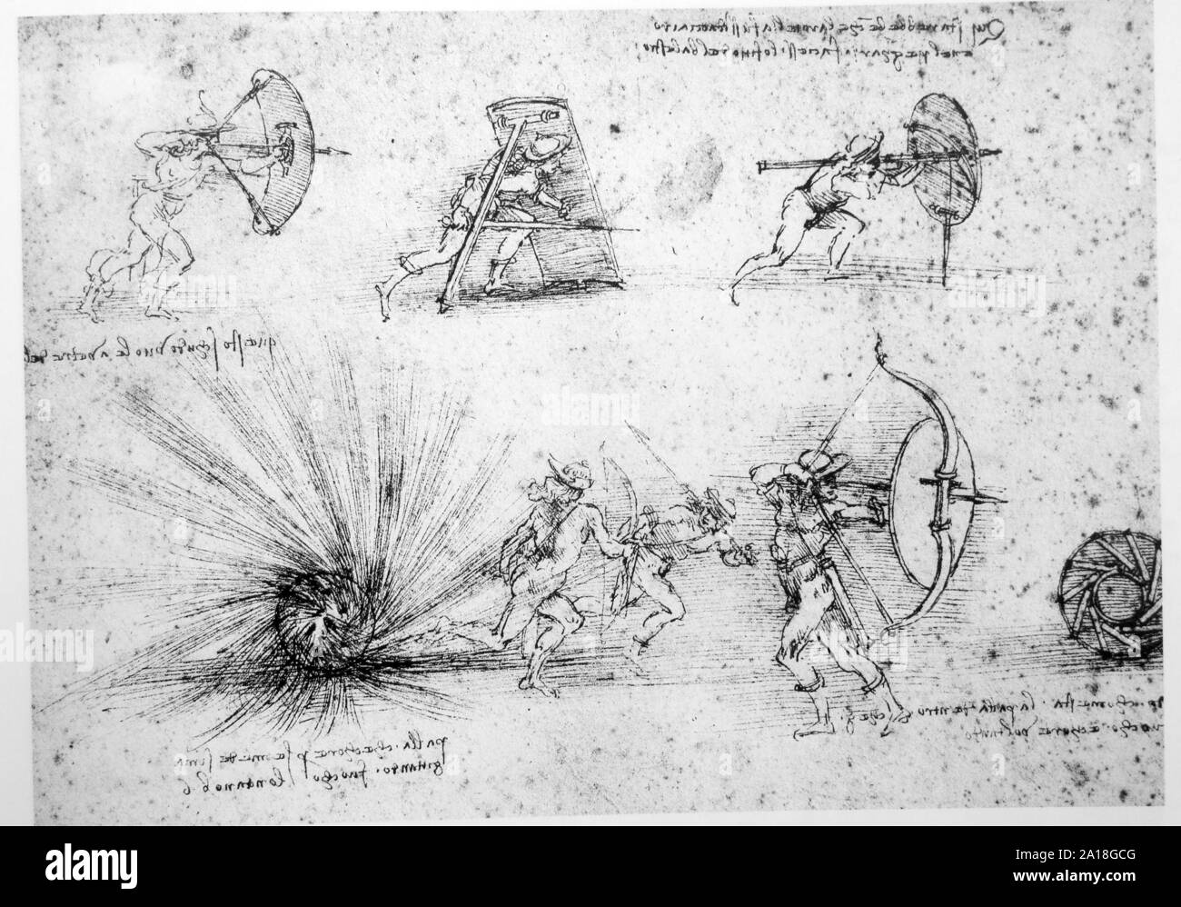 L'Leonardo Da Vinci Le génie du dessin de 1503 sur fond texturé. Banque D'Images