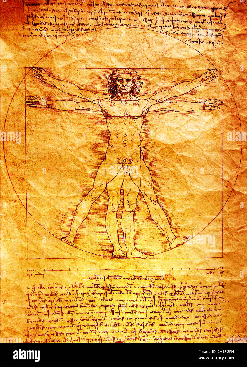 Photo de l'homme de Vitruve par Leonardo Da Vinci de 1492 sur fond texturé. Banque D'Images