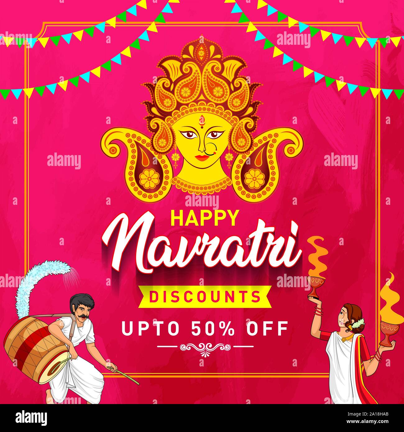 Festival indien de célébration. Navratri heureux réductions jusqu'à 50 % sur la conception de logo, bannière, Concept, l'accueil, de l'affiche, l'icône de l'unité, sur fond de fête. Illustration de Vecteur