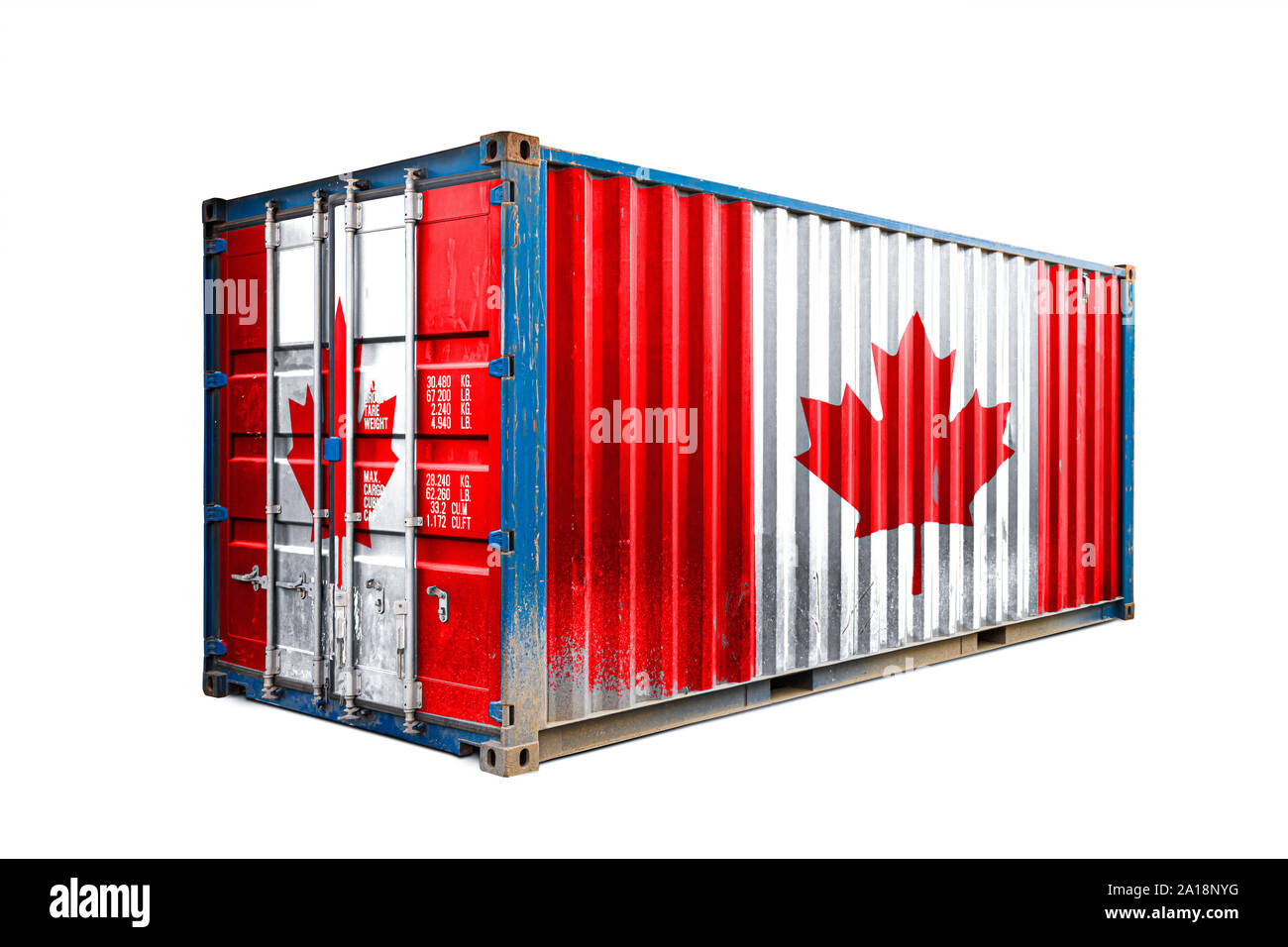 Le concept d'exportation et d'importation au Canada, le transport de conteneurs et de la livraison des marchandises. Le transport de conteneur avec le drapeau national du Cana Banque D'Images