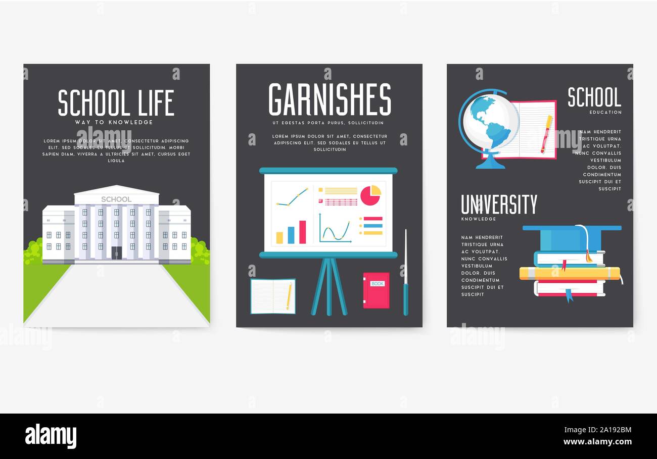 Cartes d'information retour à l'école ensemble. Modèle d'flyear étudiant, magazines, affiches, bannières, couverture de livre. L'enseignement collégial infographie concept arrière-plan. La mise en page moderne illustrations Illustration de Vecteur