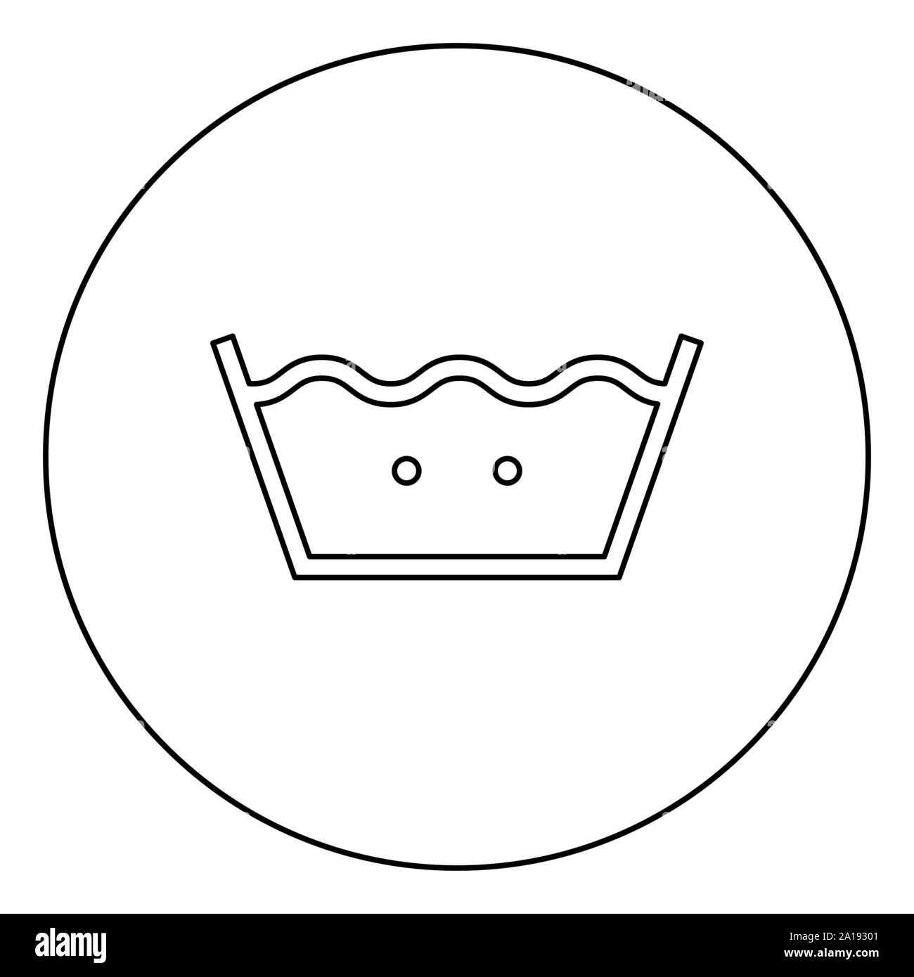 Laver à l'Eau Chaude Lavage symboles d'entretien des vêtements Blanchisserie concept icône signe en cercle noir contour vector illustration couleur simple style plat Illustration de Vecteur