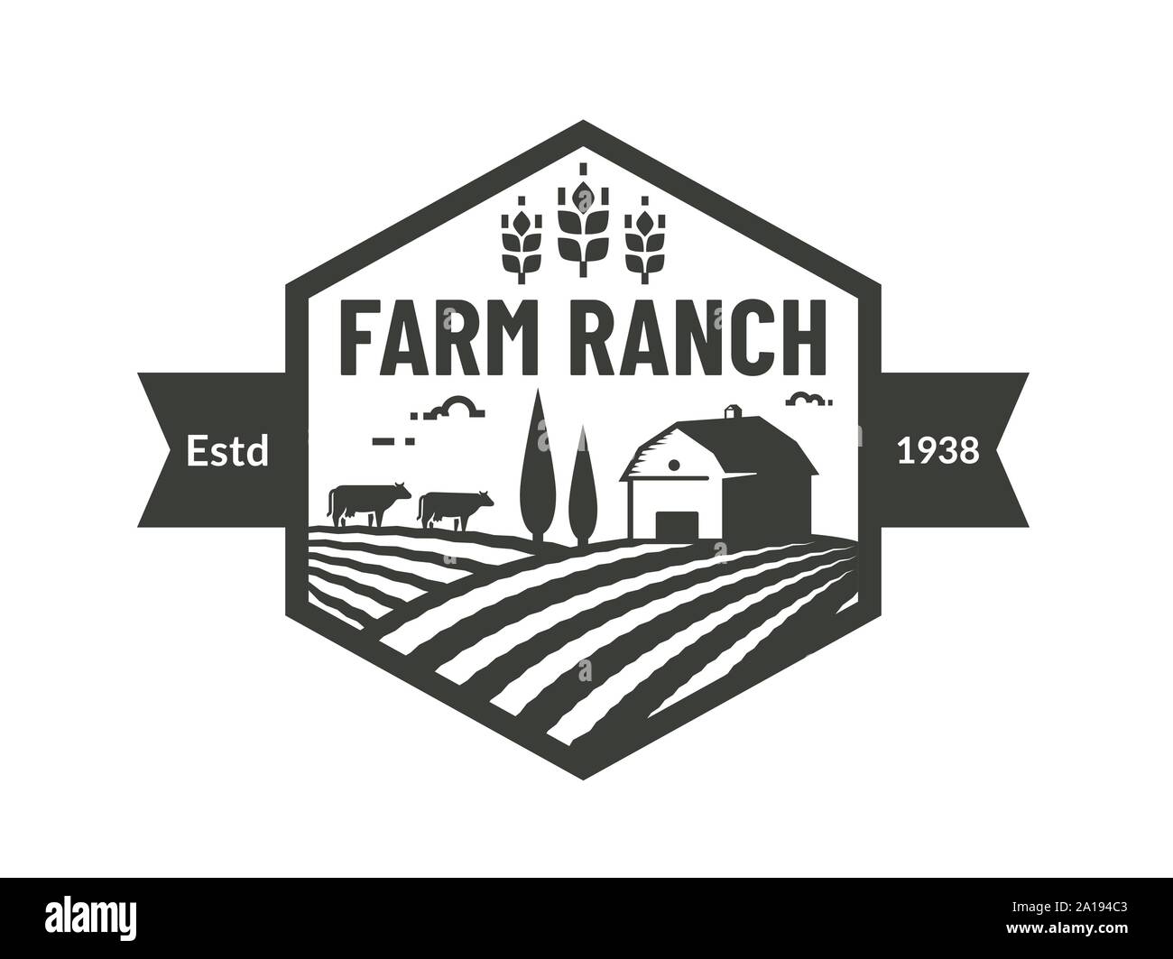 Logo de la ferme. Avec l'emblème du modèle de ferme, vaches et de l'oreille de blé. Badge noir pour le ranch de l'agriculture, de produits naturels et nourriture biologique entreprise. Vecteur. Illustration de Vecteur