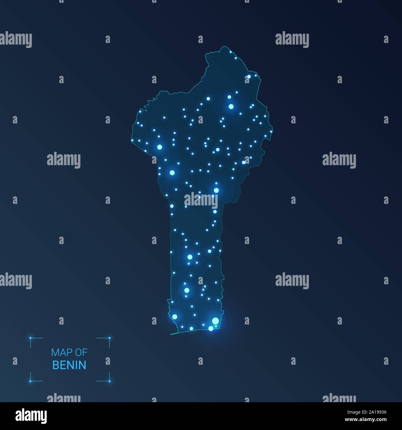 Bénin carte avec les villes. Points lumineux - néons sur fond sombre. Vector illustration. Illustration de Vecteur