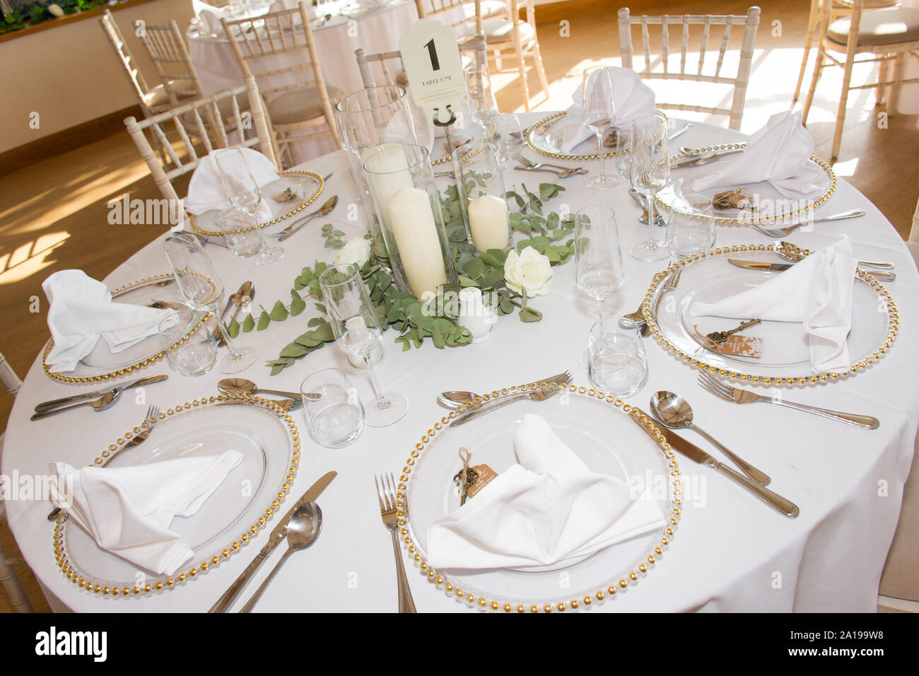 Réception de mariage de luxe table à manger avec des branches d'eucalyptus  de configuration et d'or décor géométrique sur une des chaises en bois  rustique Photo Stock - Alamy