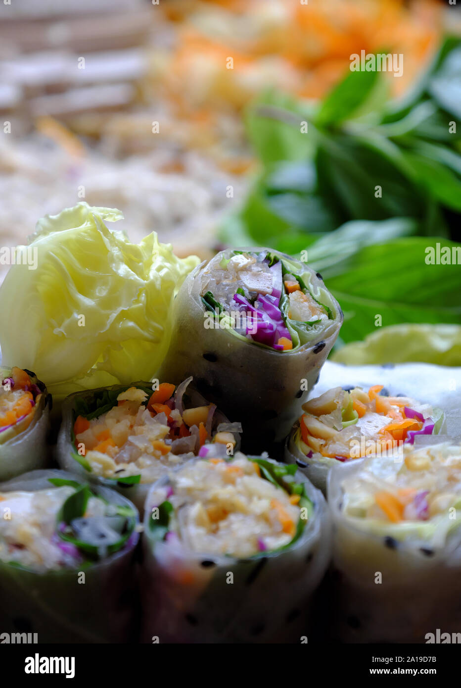 Close up fabricants de rouleaux de papier de riz vegan et rouleaux de printemps vietnamiens, ingrédients légumes colorés faire plat végétarien que de délicieux et sains Banque D'Images