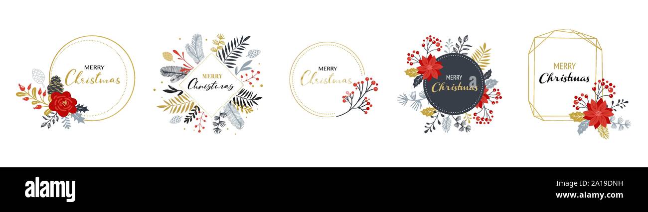 Joyeux Noël logos, élégant dessiné à la main, délicat monogramme isolé sur fond blanc. Hand drawn vector collection Illustration de Vecteur