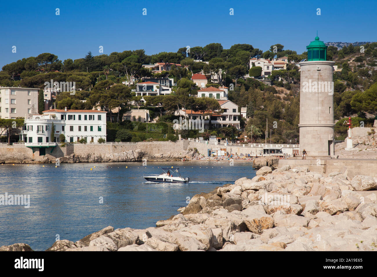 Le phare de la plage de Cassis, Bouches-du-Rhône, Provence-Alpes-Côte d'Azur, dans le sud de la France, France, Europe Banque D'Images