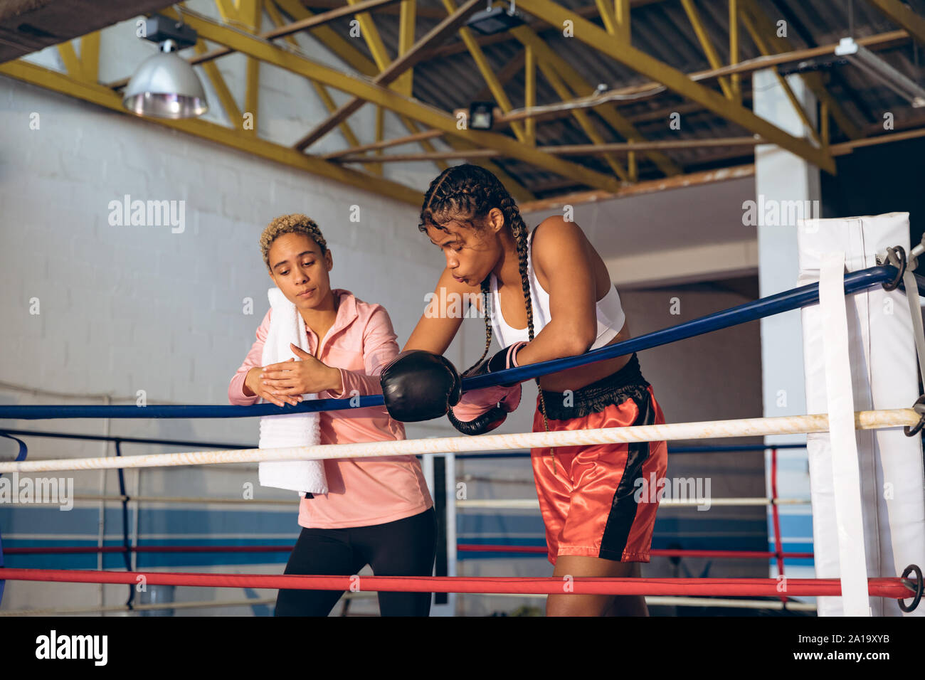 Formateur et boxer en interaction les uns avec les autres dans la région de ring de boxe Banque D'Images