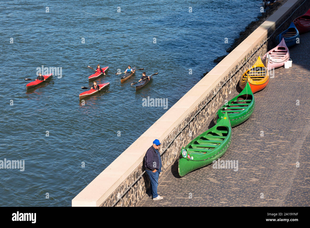 Kayak sur le Rhin, Cologne, Allemagne. Kajakfahrer auf dem Rhein, Koeln, Deutschland. Banque D'Images