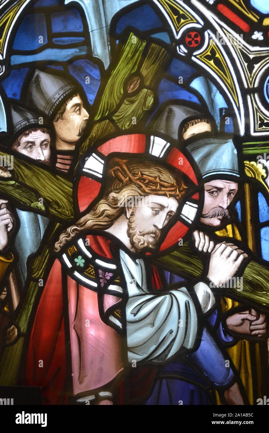 Fenêtre affichant la Passion du Christ, à l'origine de l'église de St Mary, Ixworth. Les fenêtres sont exposées dans le musée d'Ipswich Suffolk Ipswich, Royaume-Uni Banque D'Images