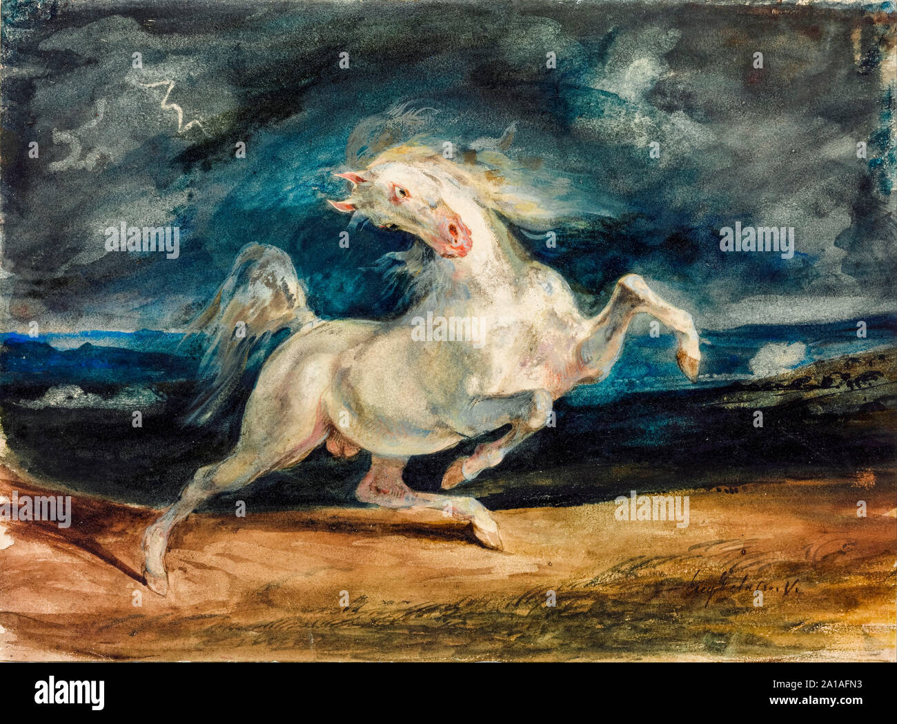 Eugène Delacroix, aquarelle, Cheval effrayé par la foudre, 1825-1829 Banque D'Images