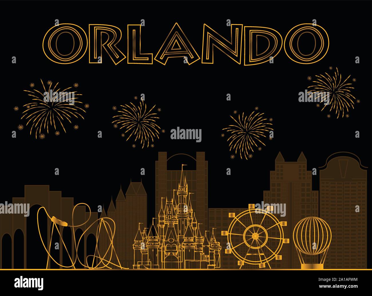 Orlando, Floride. Orlando lettrage doré sur fond noir. Scénario avec icônes de voyage et d'artifice.. Illustration de Vecteur
