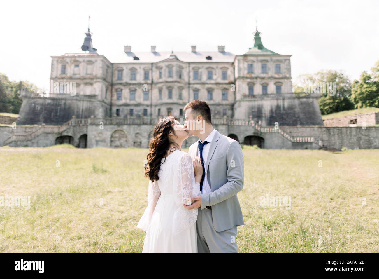 Couple de mariage asiatique fabuleux posant devant un vieux château médiéval, accolades et embrassades lors d'une journée ensoleillée. Banque D'Images