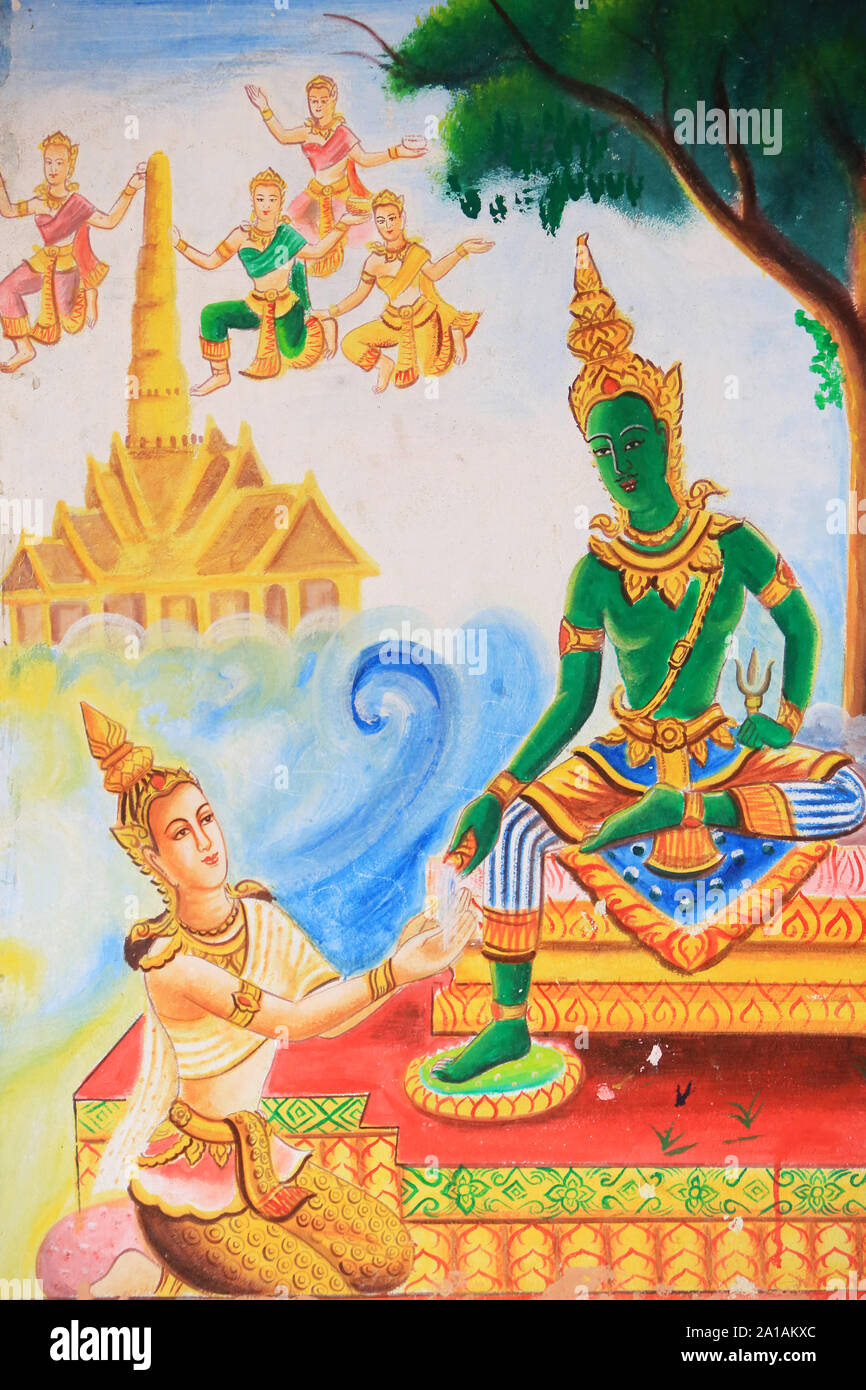 Art plafond illustrant la vie de Bouddha. Wat Si Sou Mang Karam Temple. Vang Vieng. Le Laos. Banque D'Images