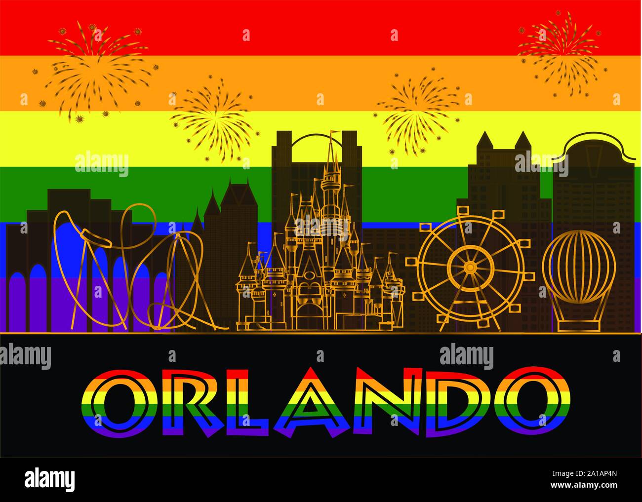 Lettrage coloré d'Orlando sur fond coloré. Scénario avec icônes de voyage et d'artifice. Carte postale de voyage. Illustration de Vecteur