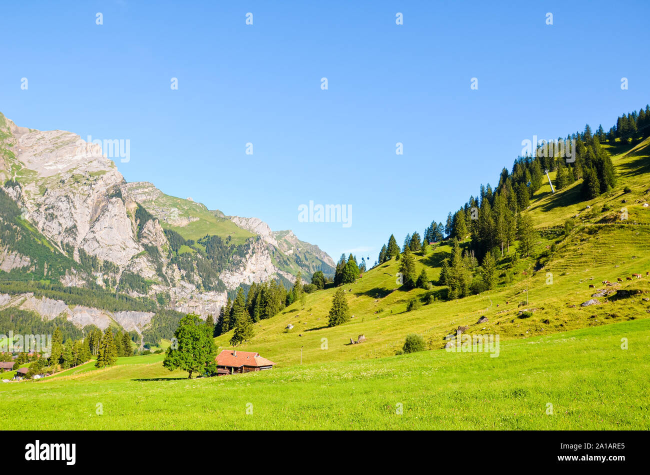 Beau paysage alpin près de Kandersteg en Suisse capturés en été. Vertes prairies, collines rocheuses. Alpes Suisses, des rochers et des montagnes. Sentier menant à l'Oeschinensee lake. Banque D'Images