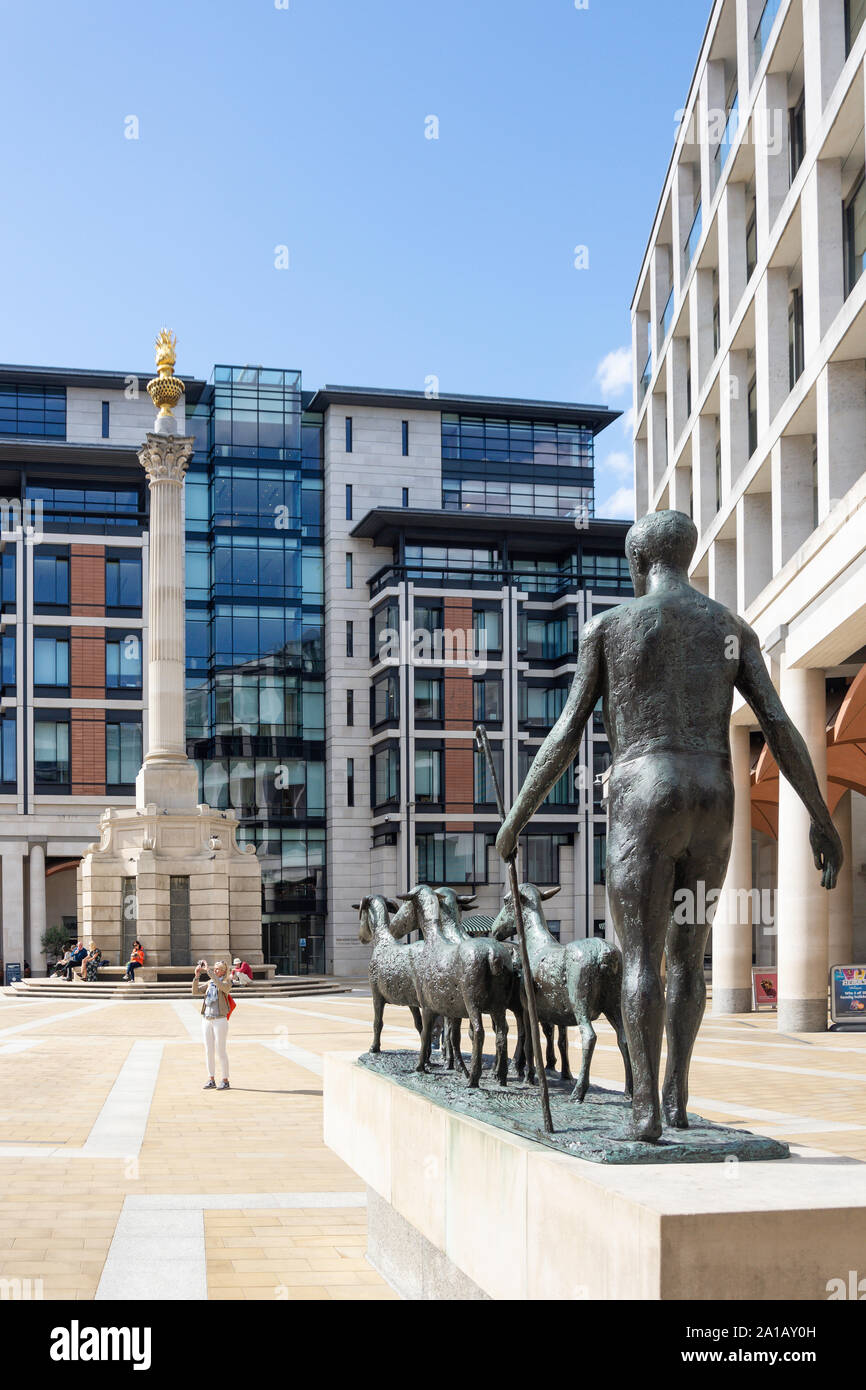 Berger et moutons & sculpture, Paternoster Square, colonne Ludgate Hill, City of London, Greater London, Angleterre, Royaume-Uni Banque D'Images