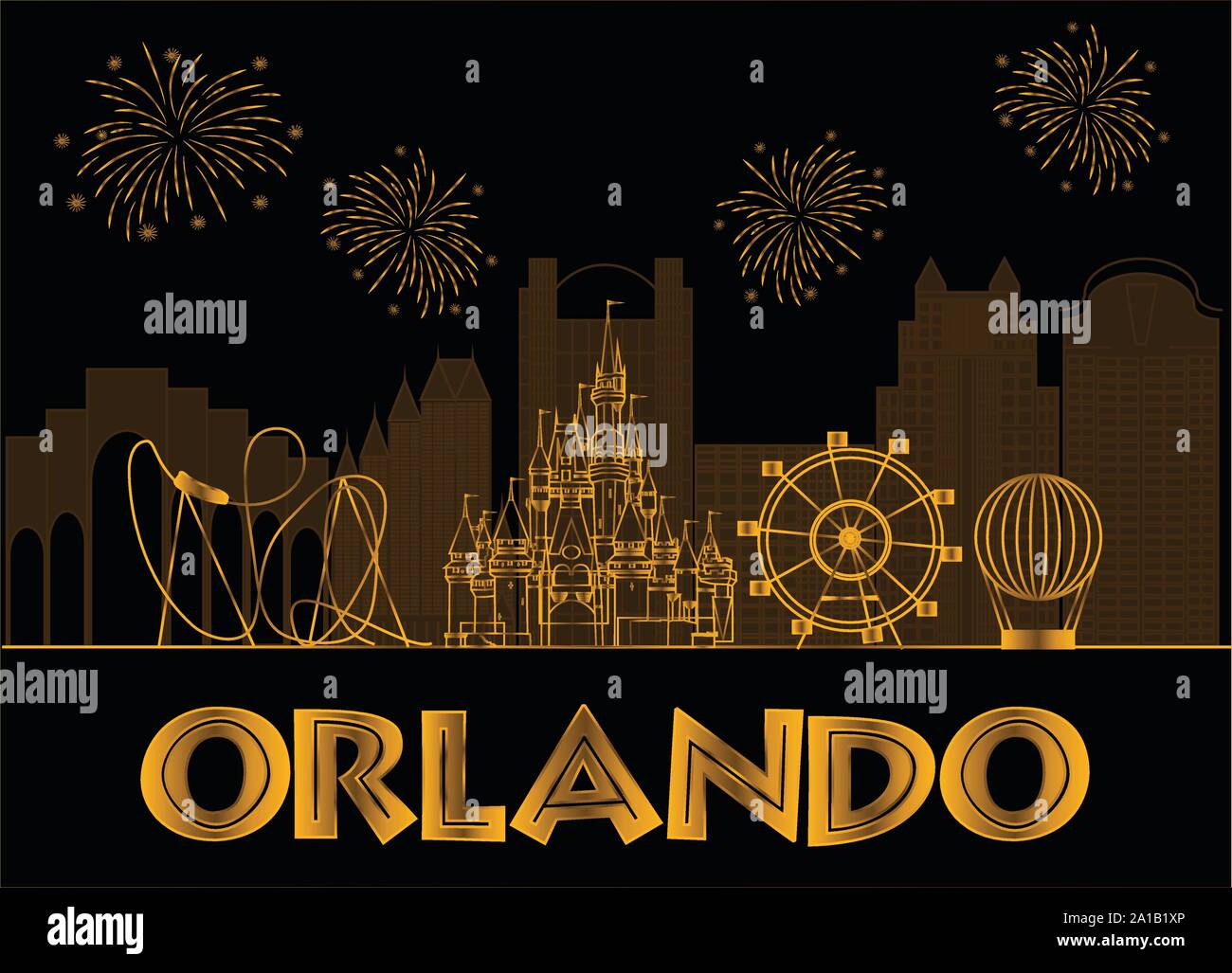 Orlando lettrage doré sur fond noir. Scénario avec icônes de voyage et d'artifice. Carte postale de voyage. Illustration de Vecteur