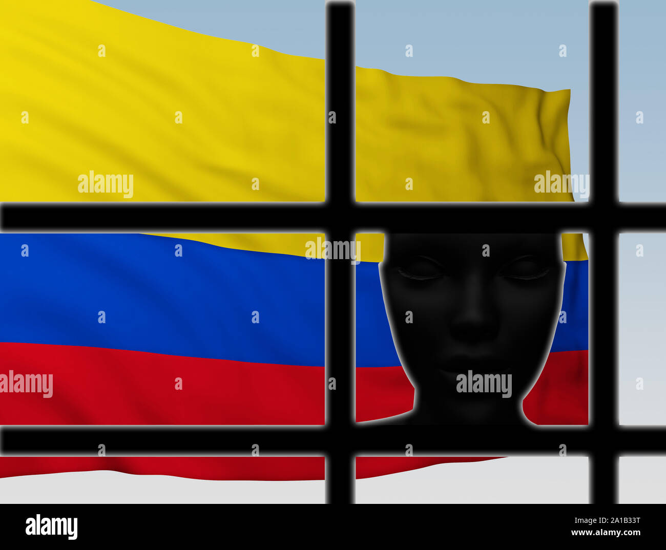 Silhouette tête derrière les barreaux avec le drapeau de la Colombie. Le rendu 3D Banque D'Images