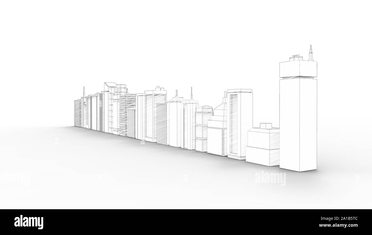 Le rendu 3D de plusieurs bâtiments isolés en fond studio blanc Banque D'Images