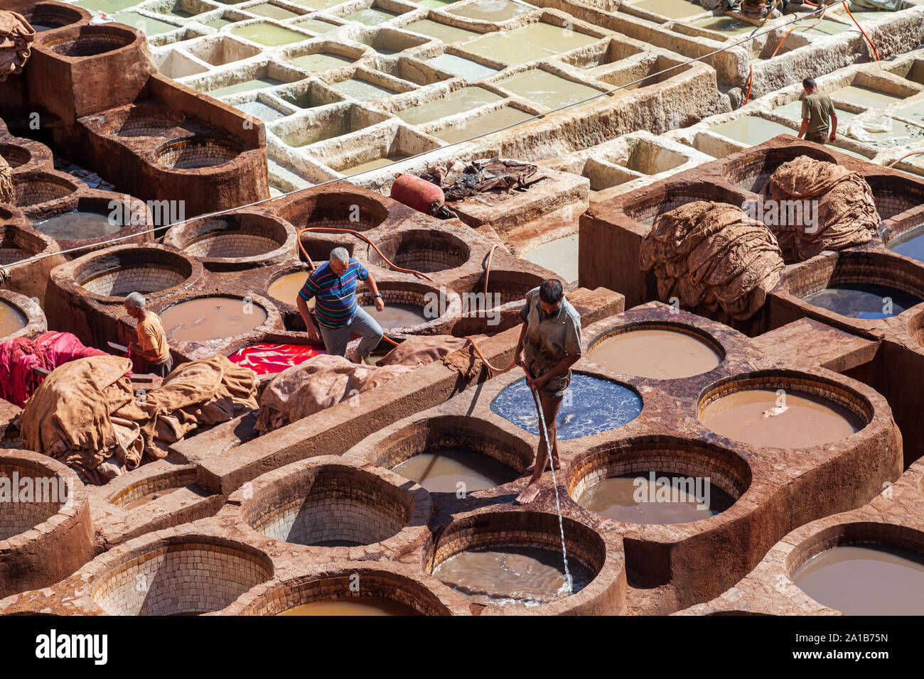 Tannerie Chouara des travailleurs à l'un des trois tanneries dans la ville de Fès, Maroc. Construite au 11e siècle, c'est la plus grande tannerie dans la ville. Banque D'Images