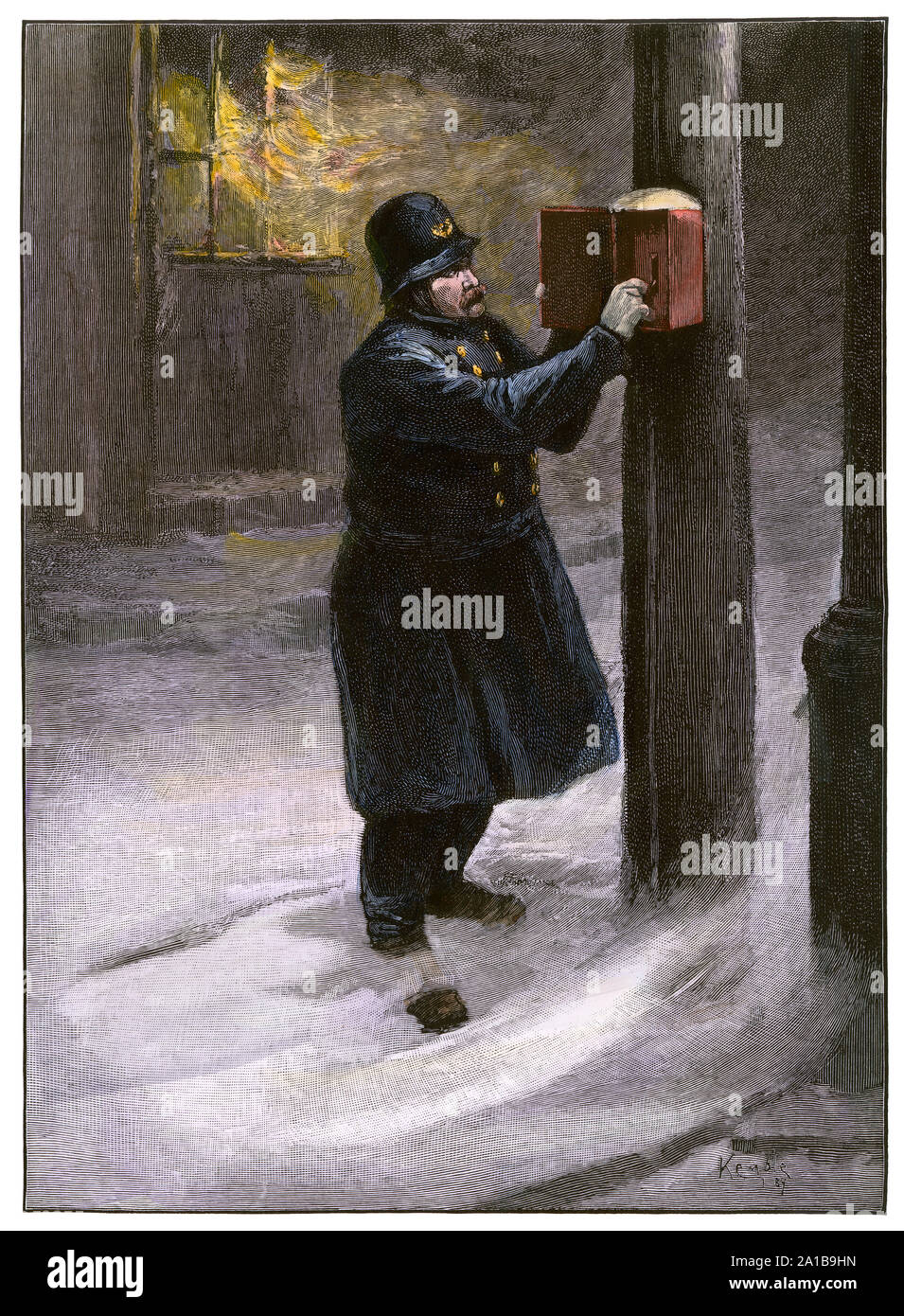 Policier ville tirant un trottoir d'alarme-incendie, 1880. À la main, gravure sur bois Banque D'Images