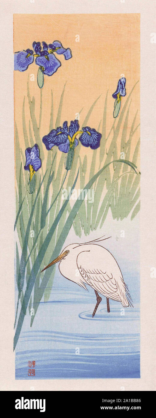 Egret, par l'artiste japonais Ohara Koson, 1877 - 1945. Ohara Koson faisait partie de la shin-hanga, ou nouvelle imprime le mouvement. Banque D'Images