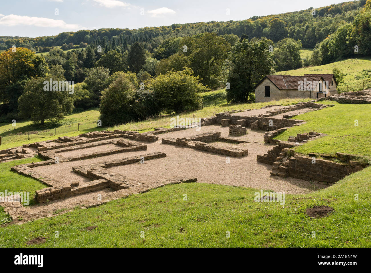 Le 1er siècle reste d'une grande villa romaine dit Witcombe, Gloucestershire, Royaume-Uni. Il est juste à côté de l'Ermin voie voie romaine reliant Gloucester et Cirencester Banque D'Images