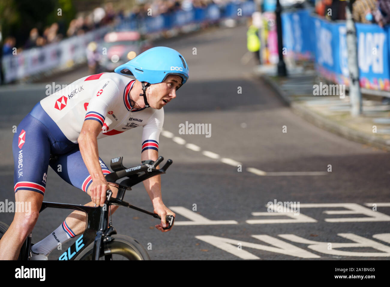 John Archibald cycliste britannique participant aux Championnats du monde de route UCI 2019, épreuve individuelle du temps de l'élite masculine, Harrogate, North Yorkshire, Angleterre. Banque D'Images