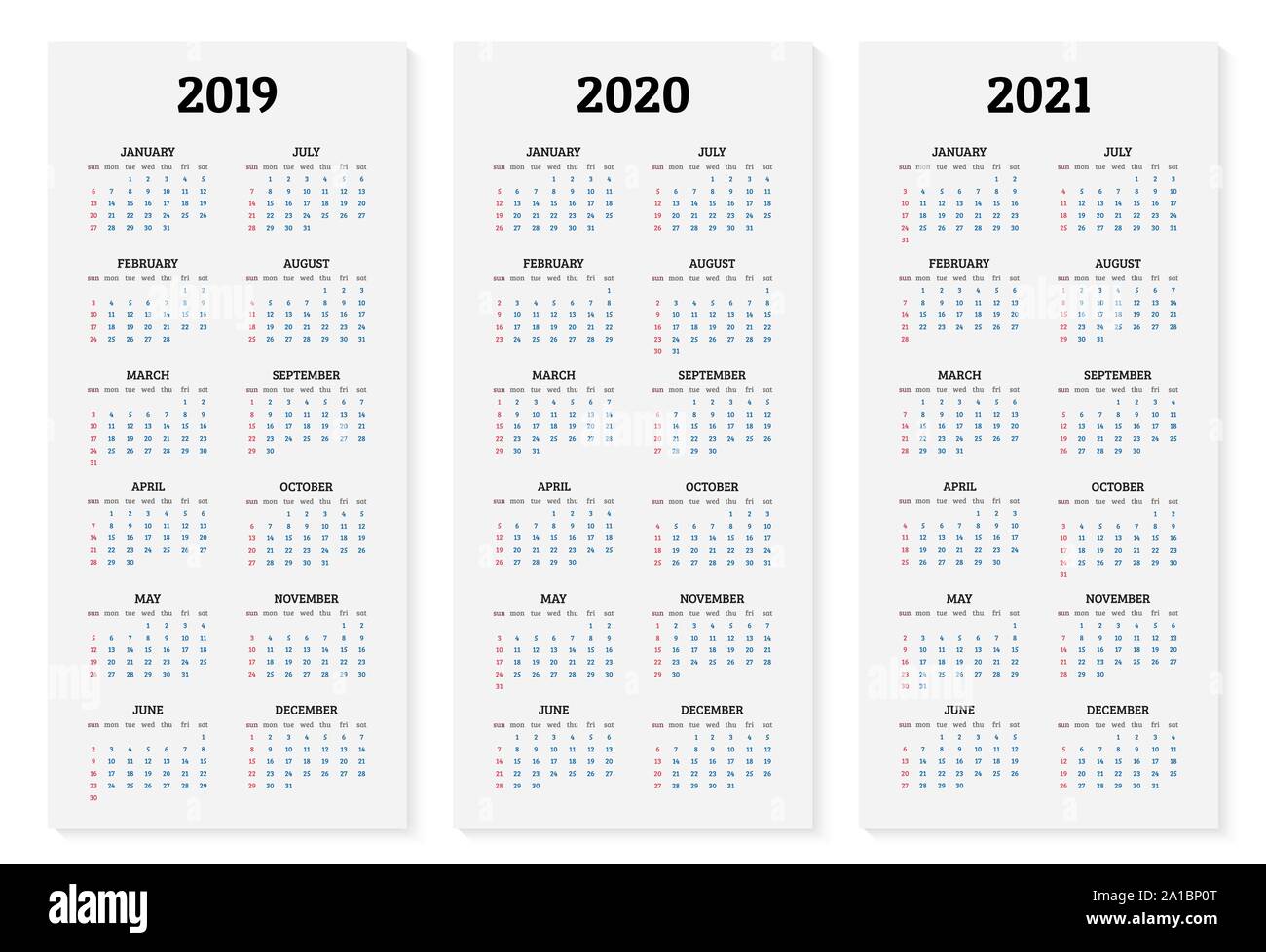 Calendrier annuel 2019, 2020 et 2021 modèle. Vector illustration Illustration de Vecteur